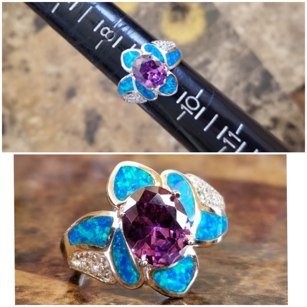 Genuine 3ct Amethyst & Australian Opal Ring Size 9 - Picture 5 of 5